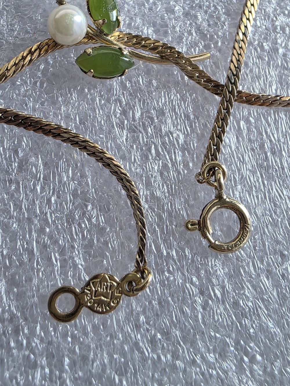 Vintage Carl-Art 14K Gold Filled Integrated Green Jade Marquise & Pearl Leaf Spr - Picture 11 of 11